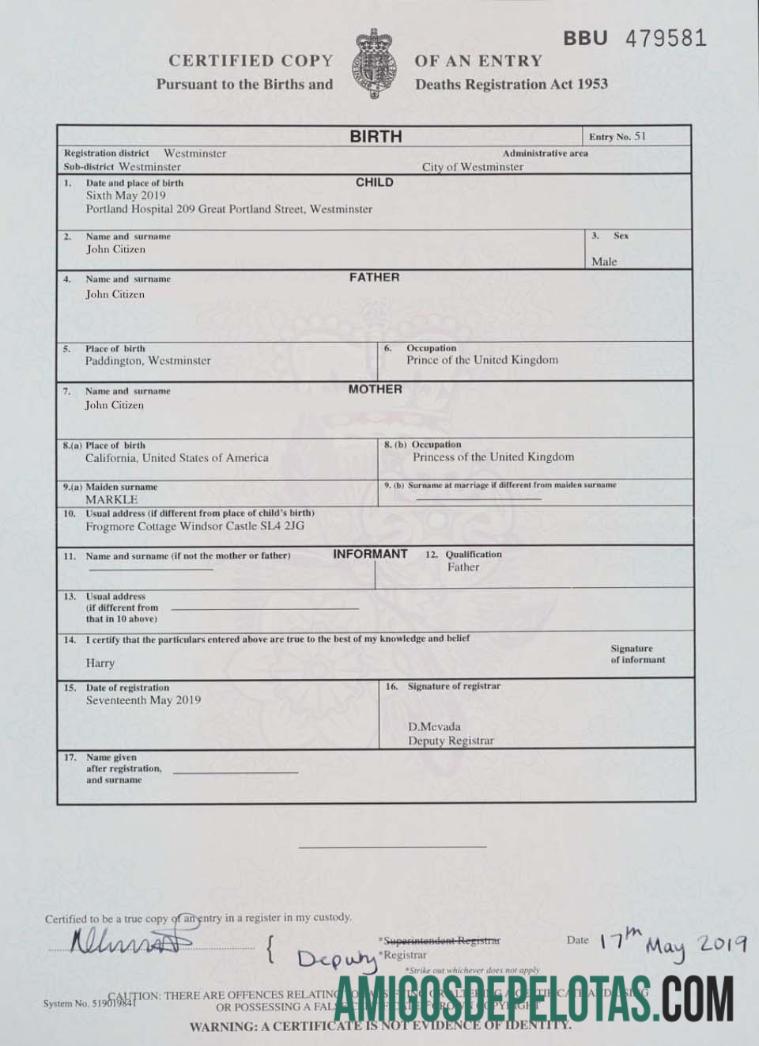 Certidão de nascimento de registro de nascimentos e óbitos na Inglaterra exemplo